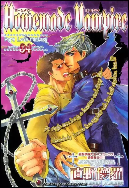Vampiro de cabello azul besa apasionadamente el cuello de un hombre rubio mientras lo sujeta fuerte en Homemade Vampire Yaoi.