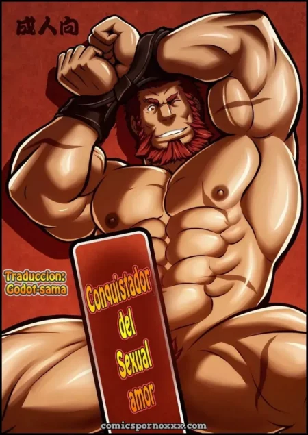 Conquistador musculoso de Fate Zero con las manos atadas sobre la cabeza y torso desnudo en pose sexual erótica.