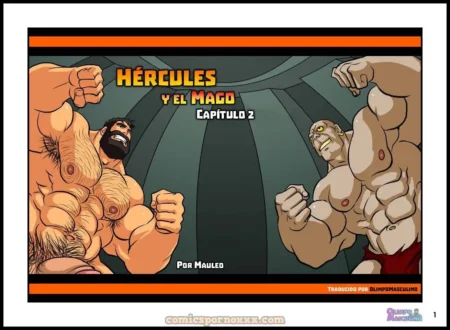 Dos hombres musculosos y pectorales grandes se enfrentan en una pose sexual agresiva con los puños cerrados.