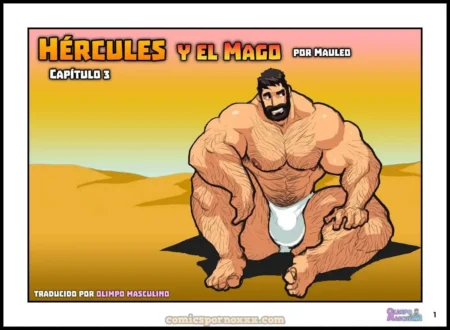 Hércules musculoso y barbudo en cuclillas vistiendo un taparrabos blanco ajustado que marca su erección en el desierto.