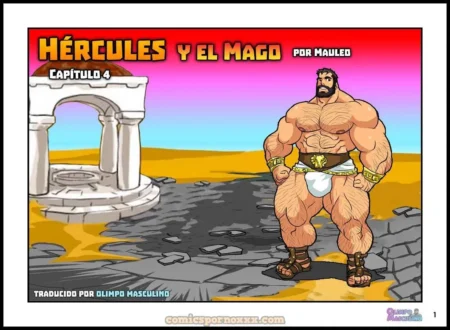 Hércules musculoso con barba y túnica blanca corta que marca su bulto genital en un paisaje desértico con ruinas griegas.