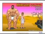 Hércules musculoso y velludo con un slip blanco junto a un hombre delgado en un desierto.