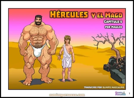 Hércules musculoso y velludo con un slip blanco junto a un hombre delgado en un desierto.