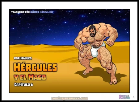 Hércules musculoso y velludo posando con un taparrabos blanco ajustado que marca su bulge en un desierto nocturno.