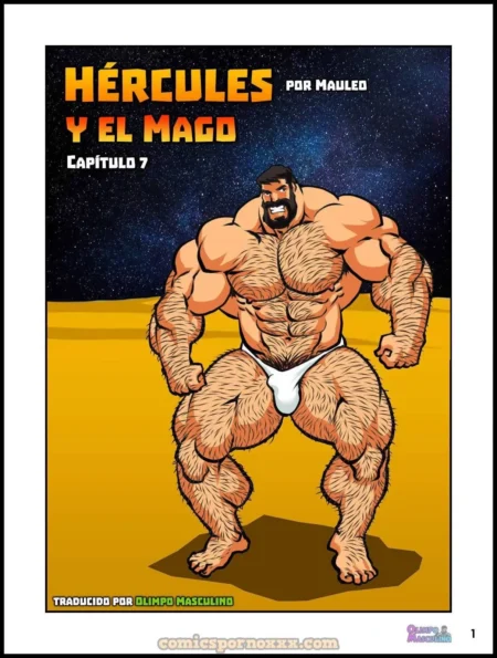 Hércules musculoso y velludo posa con un ajustado slip blanco que marca su pene en el cómic Hércules y el Mago #7.