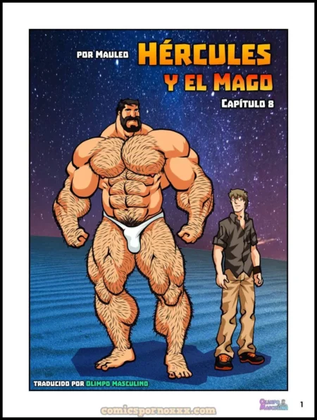 Hércules musculoso y velludo en slip blanco junto a un hombre delgado en el desierto, Hércules y el Mago Capítulo 8.