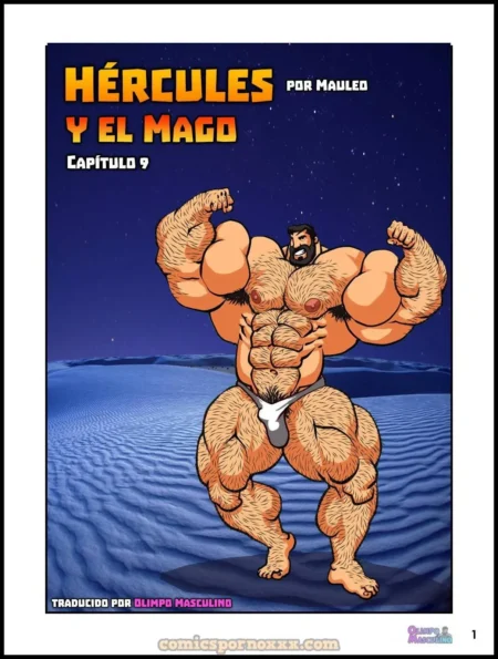 Hércules musculoso y velludo posando con un tanga blanco ajustado que marca su pene en un paisaje desértico nocturno.