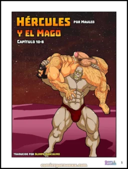 Hércules musculoso cargado al hombro por un mago gris mientras el pene erecto de Hércules gotea semen sobre su espalda.
