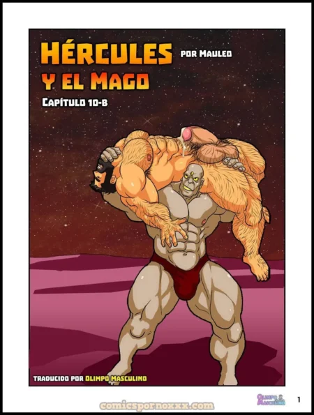 Hércules musculoso cargado al hombro por un mago gris mientras el pene erecto de Hércules gotea semen sobre su espalda.