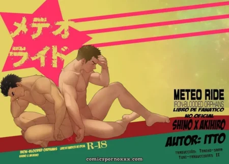 Shino y Akihiro de Gundam Tekketsu no Orphans desnudos y musculosos posando juntos en una escena erótica explícita.