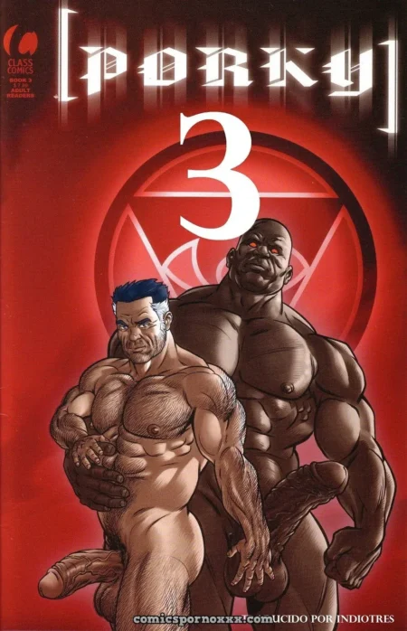 Dos hombres musculosos y desnudos posando con sus penes erectos y expuestos sobre un fondo rojo.