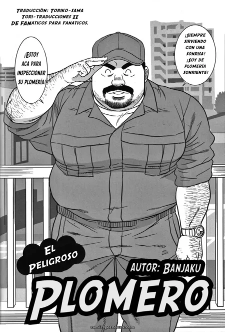 Plomero gordo y fuerte de Banjaku con bigote y gorra saludando en un manga erótico.