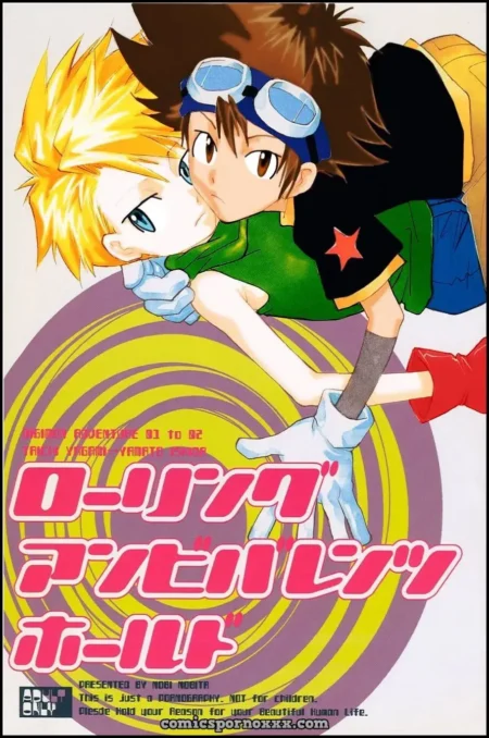 Tai y Matt de Digimon Gay Adventure besándose apasionadamente mientras se abrazan en una postura erótica.
