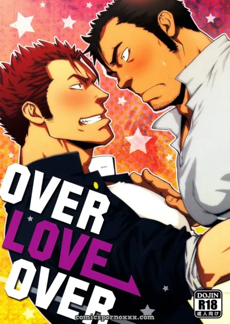 Dos hombres musculosos se miran con deseo sexual mientras uno agarra el pecho del otro en Over Love Over de Mizuki Gai.