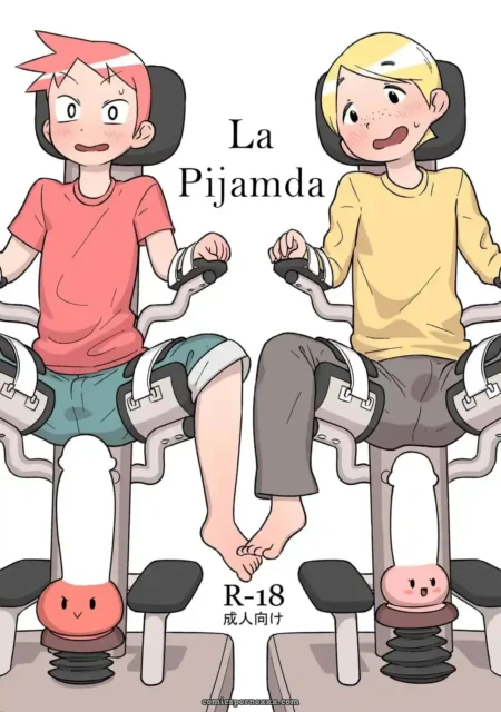 Dos hombres jóvenes sentados en sillas especiales con sus penes erectos insertados en vibradores mecánicos.