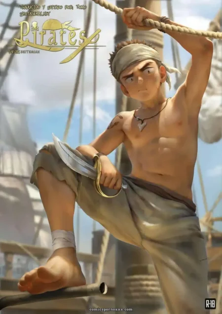 Pirata yaoi musculoso con bandana y pantalones blancos posando con un cuchillo en la cubierta de un barco.