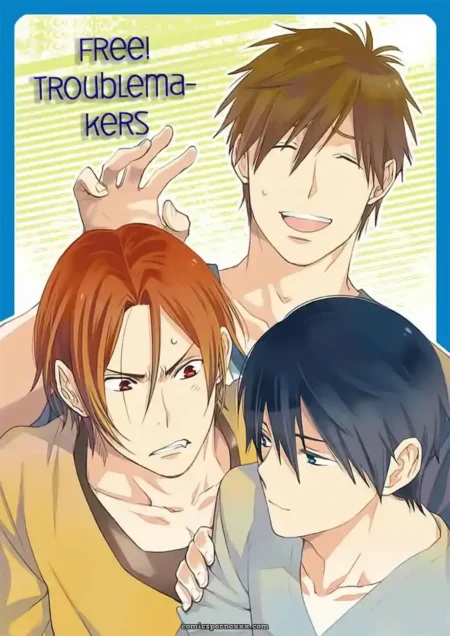 Tres hombres jóvenes abrazados en una portada de manga yaoi con expresiones sensuales y provocativas.