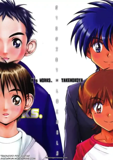 Dos parejas de hermanos yaoi en estilo anime de M. y Takenokoya posando juntos con miradas sugerentes.