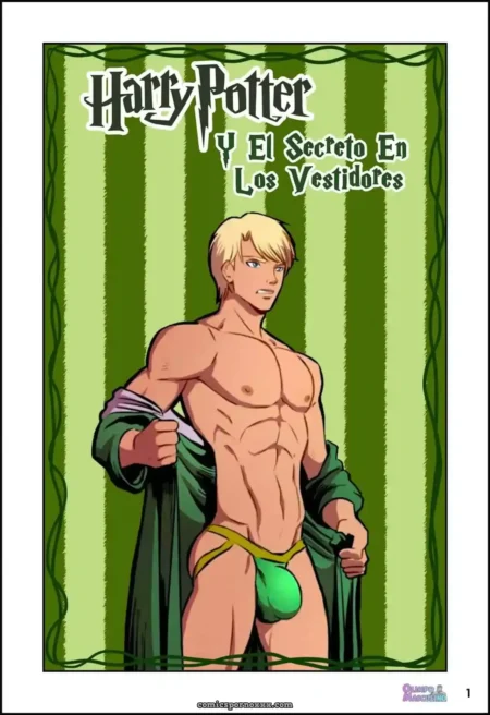 Draco Malfoy torso musculoso y desnudo con tanga verde pequeña marcando su pene en los vestidores de Hogwarts.