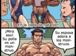 Dos hombres musculosos con slips ajustados que marcan sus penes erectos en una tira cómica de yaoi de Gas Heckman.