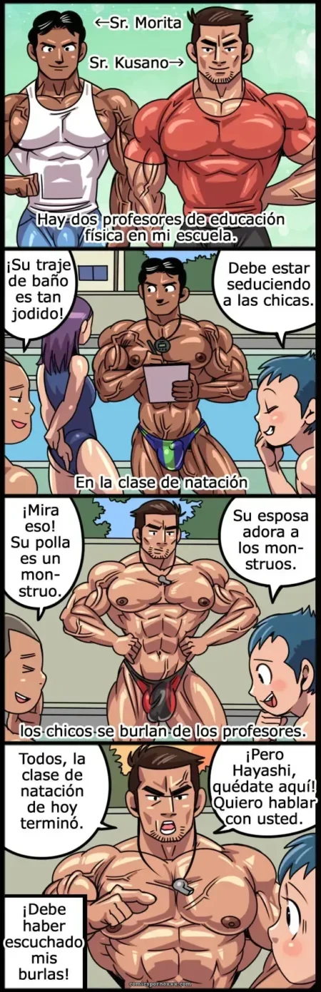 Dos hombres musculosos con slips ajustados que marcan sus penes erectos en una tira cómica de yaoi de Gas Heckman.