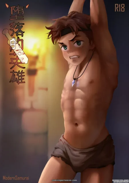 Joven musculoso de cabello castaño y bandana con torso desnudo vistiendo calzoncillos ajustados en Modernsamurai.