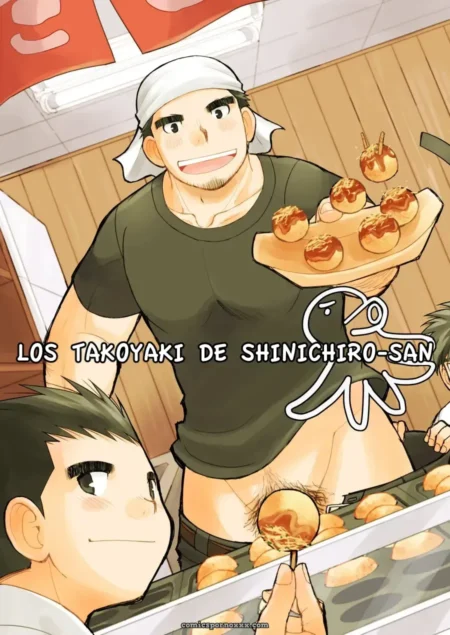 Hombre musculoso con camiseta ajustada y el pene erecto fuera del pantalón mientras sirve takoyaki.