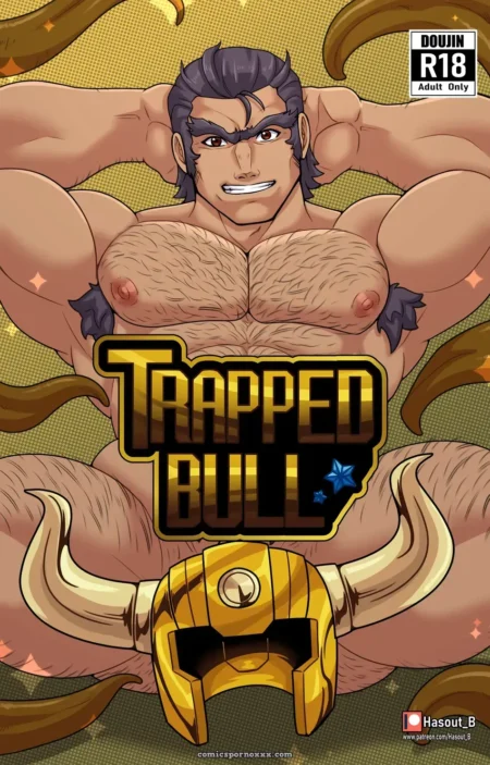 Aldebaran de Tauro musculoso y velludo posando desnudo con tentáculos rodeándolo y su casco dorado en primer plano.