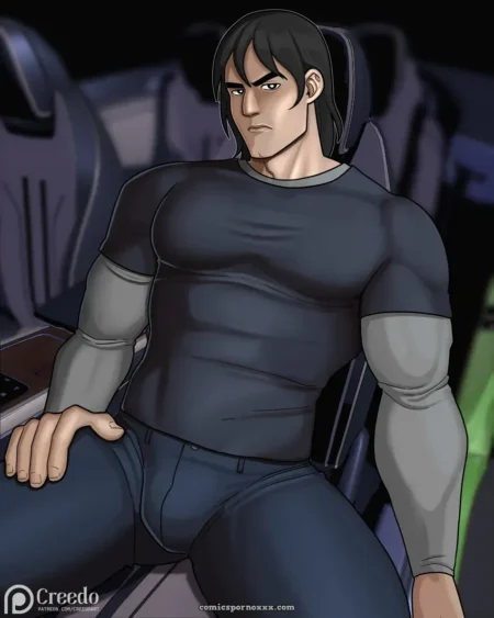 Kevin Levin de Ben 10 con camiseta negra ajustada marcando pectorales y bulto sexual prominente en sus pantalones azules.