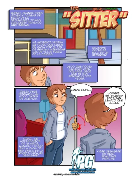 Cómic de La Niñera Travestida con un joven castaño entrando a una casa vacía para empezar su trabajo de cuidador.