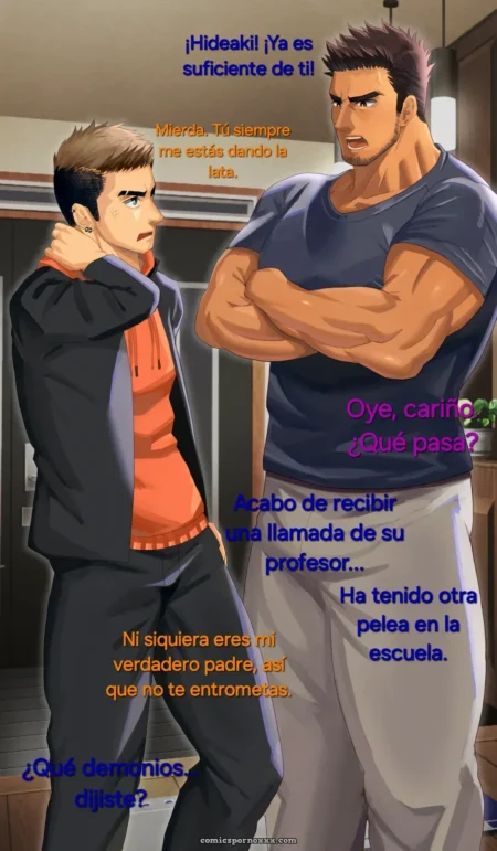 Padrastro musculoso regañando a su hijastro joven en la cocina antes de tener sexo explícito.