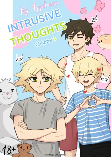 Tres jóvenes hombres rubios y castaños en una portada de cómic erótico gay con etiqueta 18+.