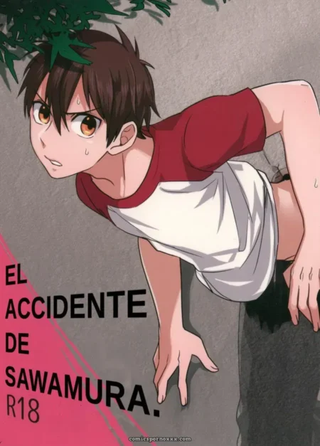 Sawamura Eijun con la camiseta levantada dejando expuesto su trasero mientras gatea sobre el suelo.
