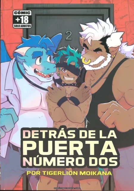 Tres hombres antropomorfos musculosos, uno con venda en los ojos, posan juntos en la portada del cómic erótico +18.