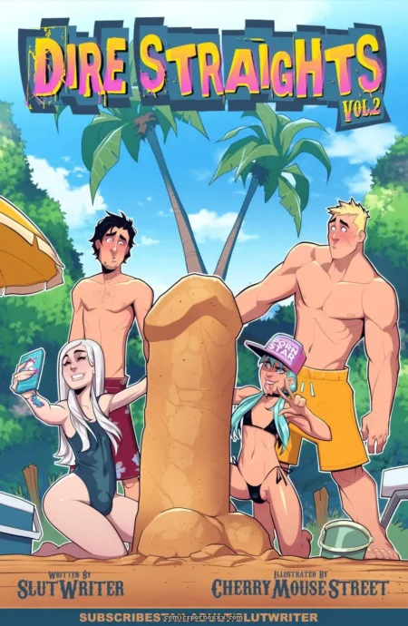 Tres jóvenes posando junto a un pene gigante hecho de arena en una playa tropical.