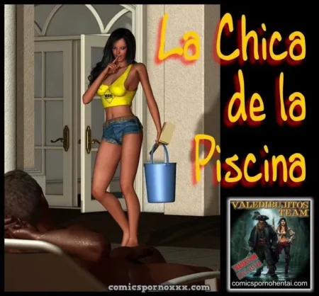 Mujer morena con top amarillo y shorts cortos junto a una piscina siendo observada por un hombre musculoso.