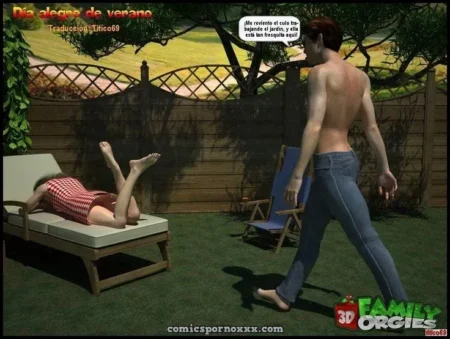 Mujer desnuda con vestido rojo levantado follando en una tumbona mientras un hombre con jeans camina por el jardín.