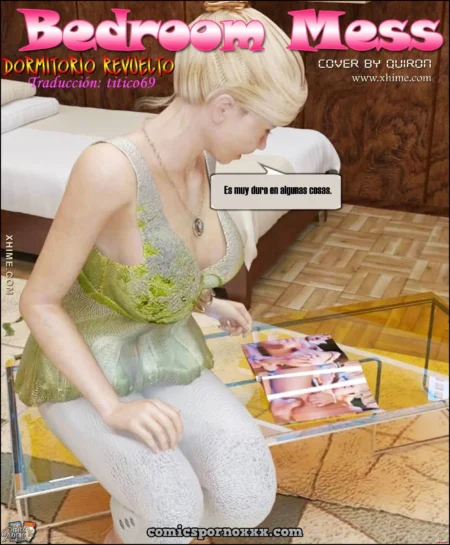 Mujer rubia con lencería verde transparente y medias blancas sentada mirando fotos eróticas en un dormitorio.