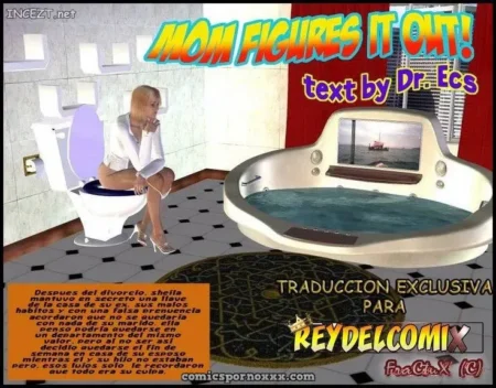 Mujer rubia sentada sobre un inodoro en el baño junto a un jacuzzi circular.