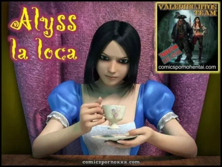 Alyss la Loca con vestido azul corto y escote pronunciado sosteniendo una taza de té en una mesa.
