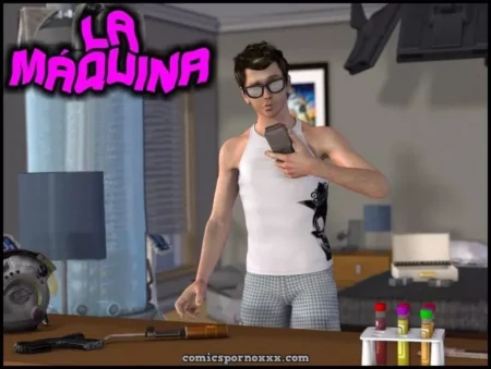 Hombre joven con gafas y camiseta blanca sostiene un mando electrónico en su habitación junto a tubos de ensayo.