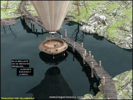 Alyss la Loca camina desnuda por un puente de madera sobre un lago junto a un globo aerostático en Dreamland.
