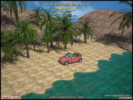 Familia practicando sexo grupal y orgía sobre un jeep rojo estacionado en una playa tropical con palmeras.