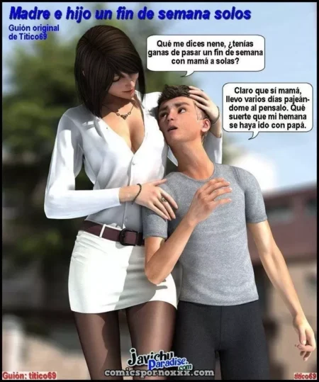 Madre con blusa blanca abierta y falda corta acaricia la cabeza de su hijo mientras hablan de sexo en solitario.