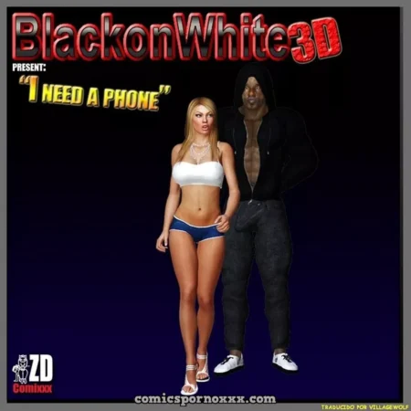 Mujer rubia en bikini blanco y azul junto a hombre negro musculoso con sudadera negra en render 3D erótico.