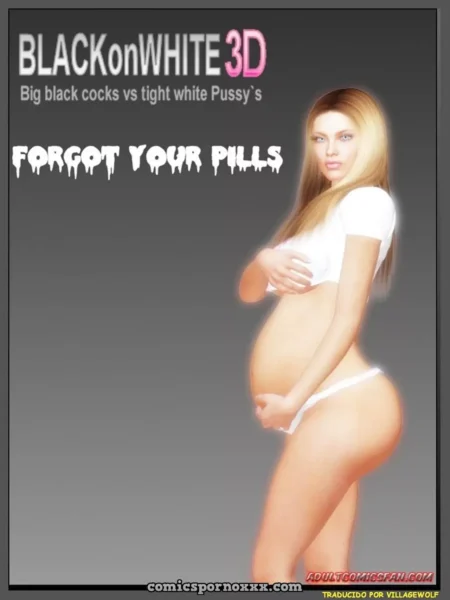Mujer rubia embarazada con camiseta blanca y tanga blanca posando de perfil sobre fondo gris.