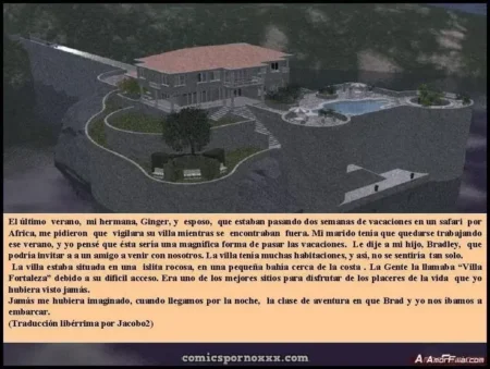 Villa de lujo en isla rocosa con piscina y jardín donde ocurre el encuentro sexual entre madre y amigo del hijo.
