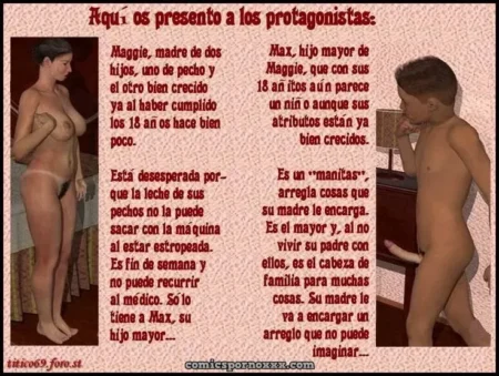 Mujer lactante desnuda con pechos grandes junto a un joven desnudo con el pene erecto.