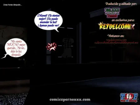 Habitación oscura con personajes de Parasites of Evil 2 y globos de texto en un entorno erótico.