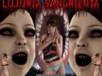 Mujer joven con top corto y bragas azules frente a bocas gigantes de vampiras sedientas de semen.